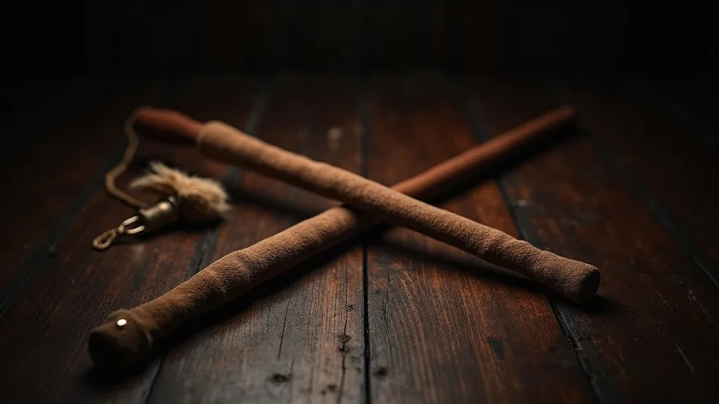 Cravache et martinet croises sur bois sombre